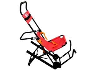 Portable home stair lift chair with bright red seat and orange safety straps on a white background