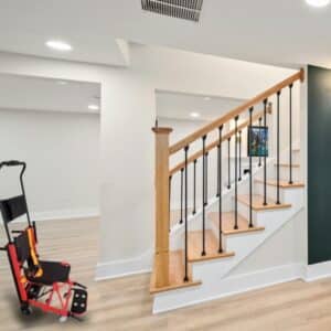 Contemporary interior featuring chair lifts for stairs to assist elderly mobility at home.