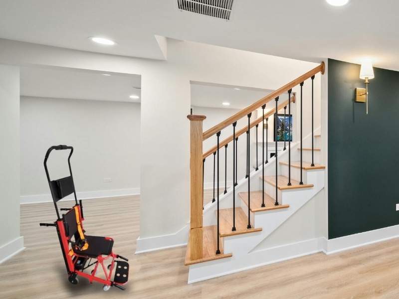 Contemporary interior featuring chair lifts for stairs to assist elderly mobility at home.