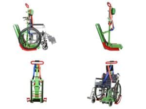 Stair climber for wheelchair users shown from multiple angles including front, side, and rear views.