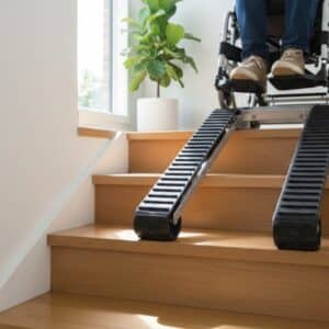 Stair climber transporting a wheelchair user down stairs in an Australian home.