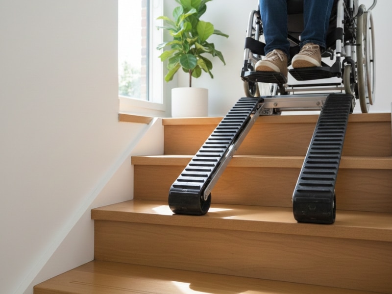 Stair climber transporting a wheelchair user down stairs in an Australian home.