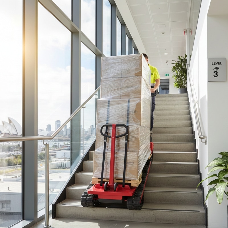 Electric stair climber trolley safely moving heavy equipment up stairs in Australia