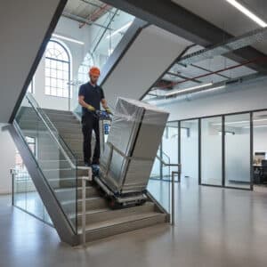 Powered stair climber safely moving a heavy load up stairs on an Australian worksite.